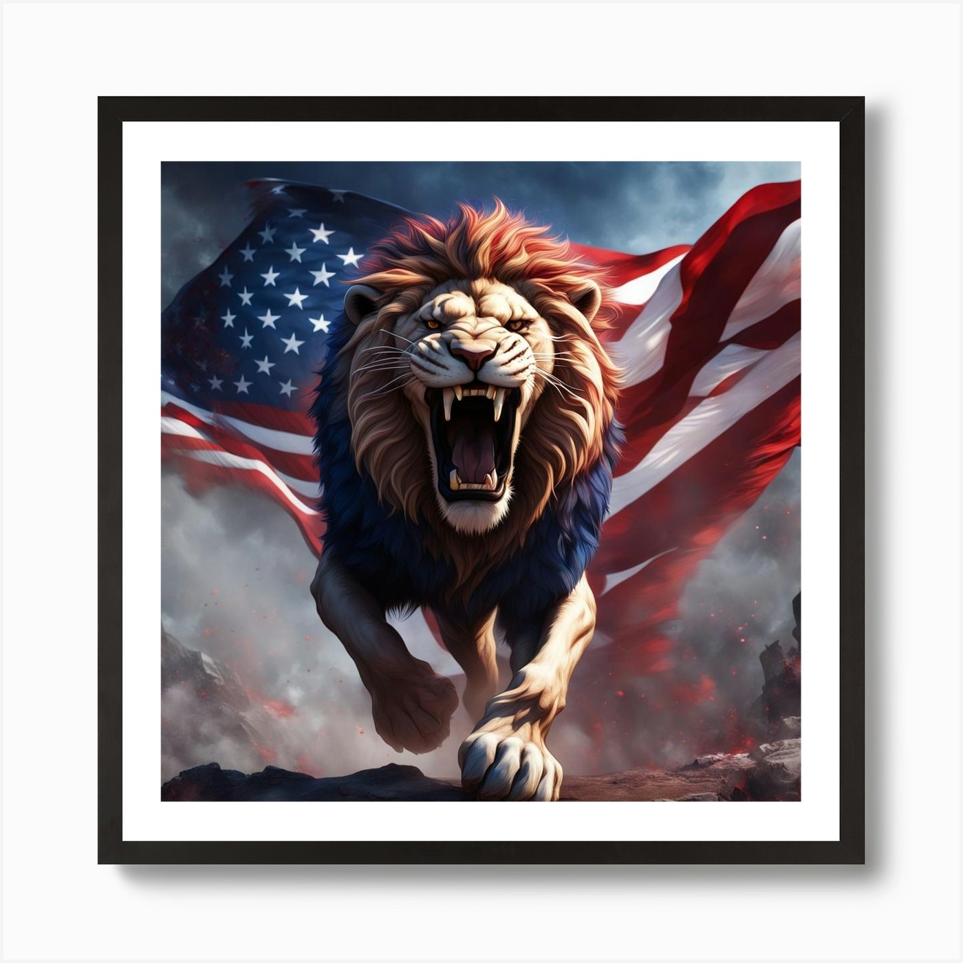 Roaring Lion With American Flag Art Framed Wall Art Poster Canvas Print Picture