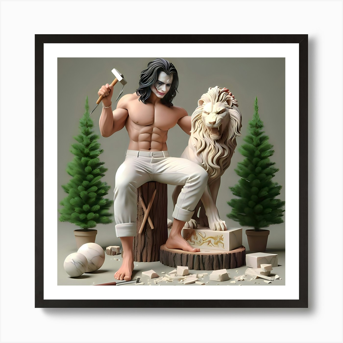 Lion And The Clown, The Joker With  Framed Wall Art Poster Canvas Print Picture
