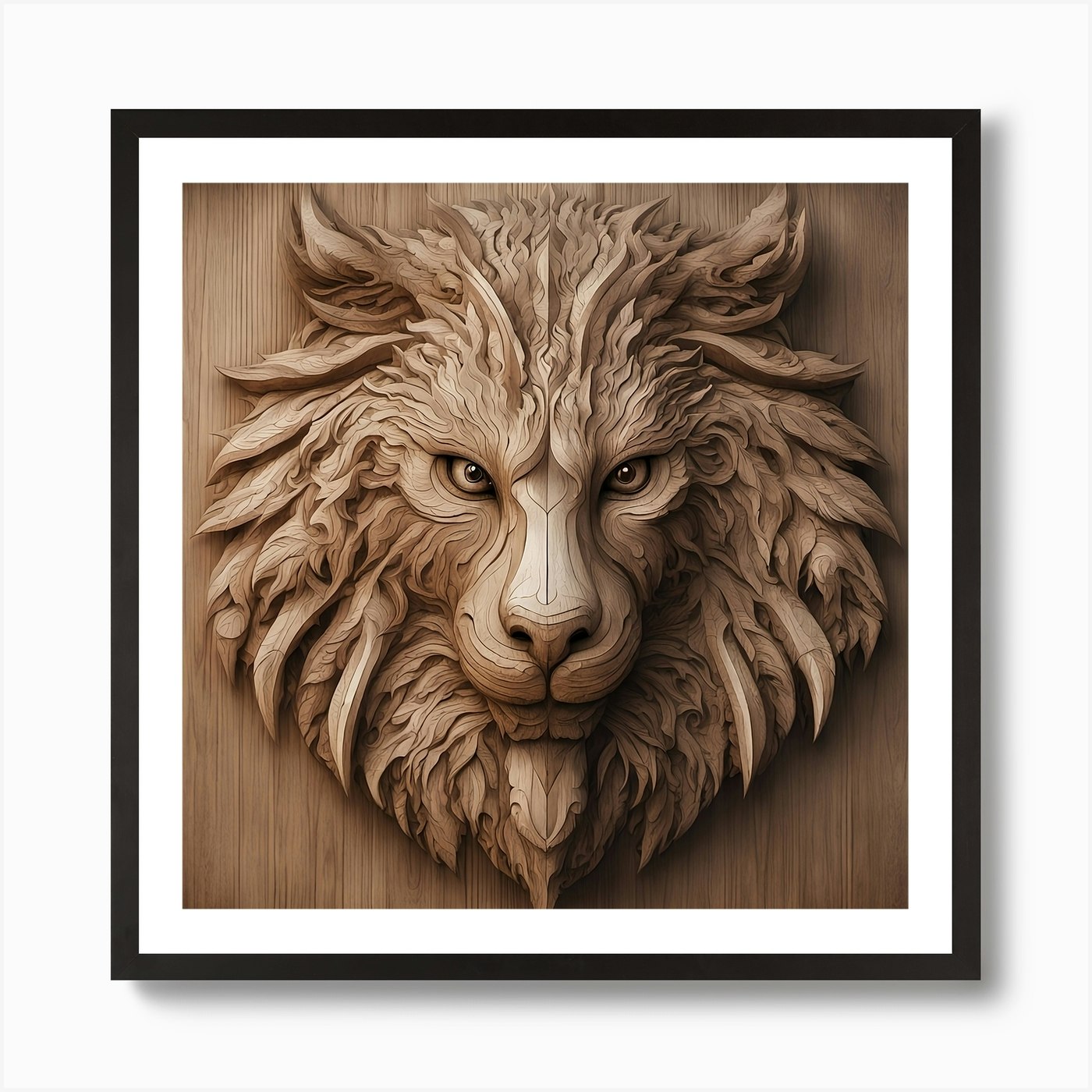 Lion Head Carving Art Print Framed Wall Art Poster Canvas Print Picture