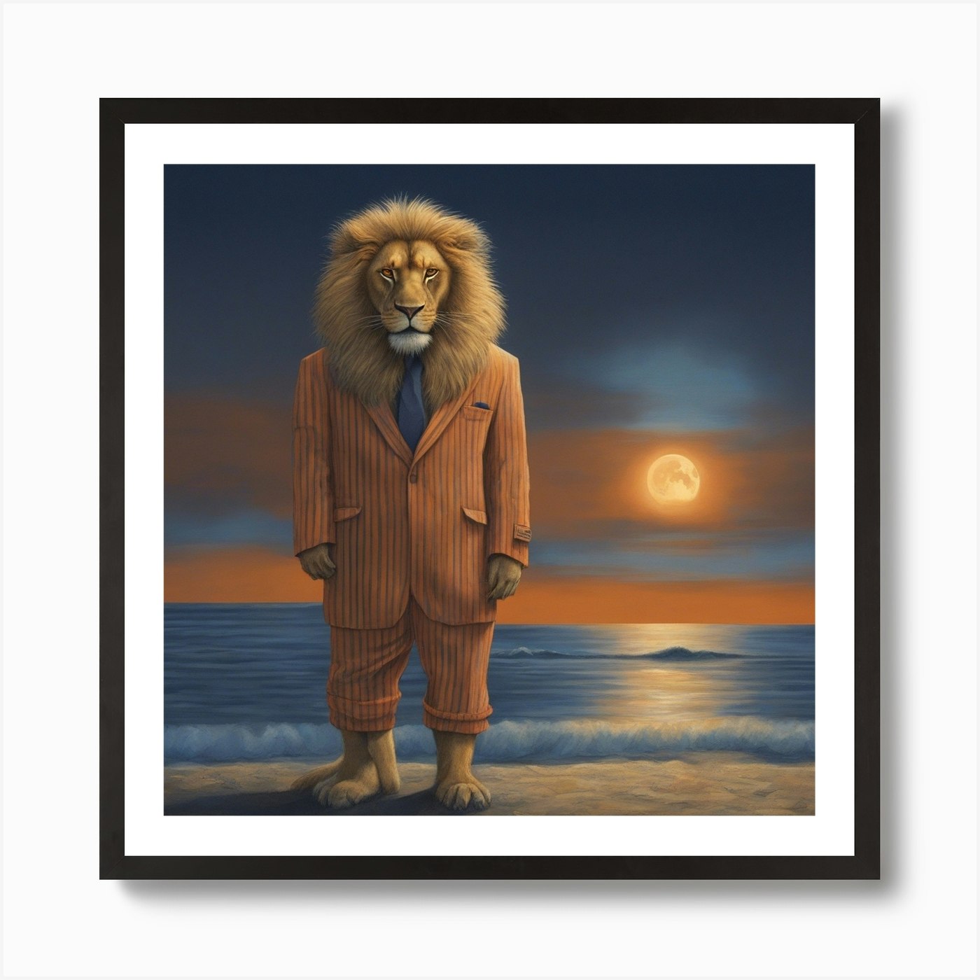 Lion In Beach Suit At Night, Downto Framed Wall Art Poster Canvas Print Picture