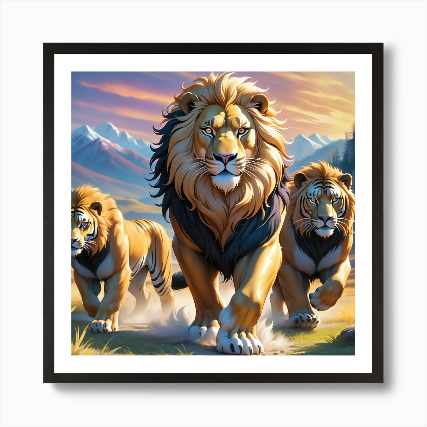 Lions Tigers Stride Through The Wil Framed Wall Art Poster Canvas Print Picture