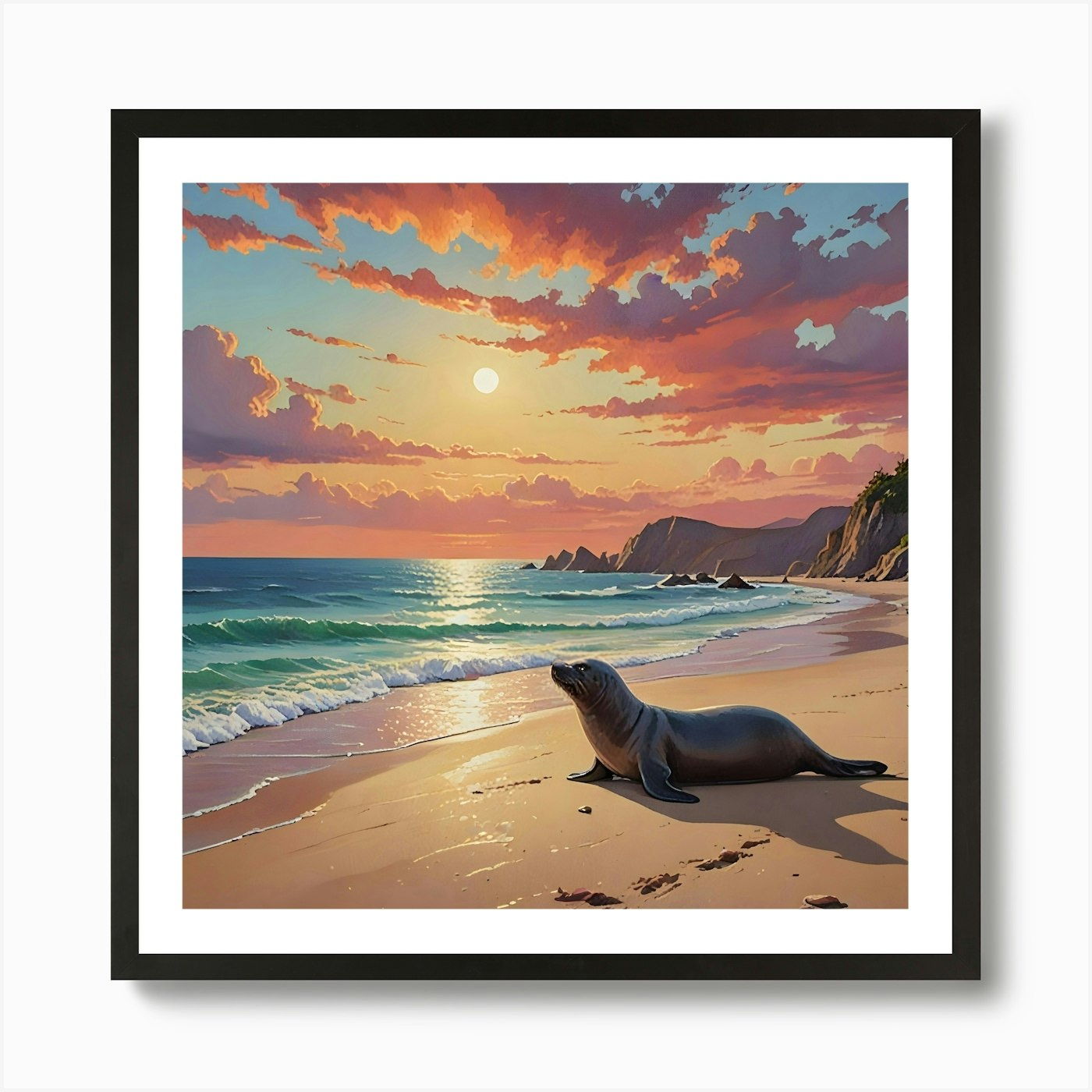 Sea Lion At Sunset Art Print Framed Wall Art Poster Canvas Print Picture