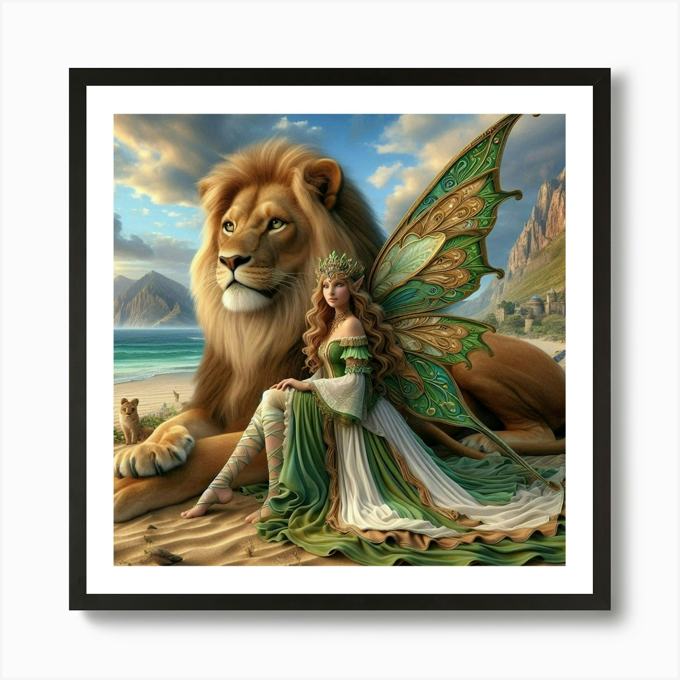 Fairy And Lion Art Print Framed Wall Art Poster Canvas Print Picture