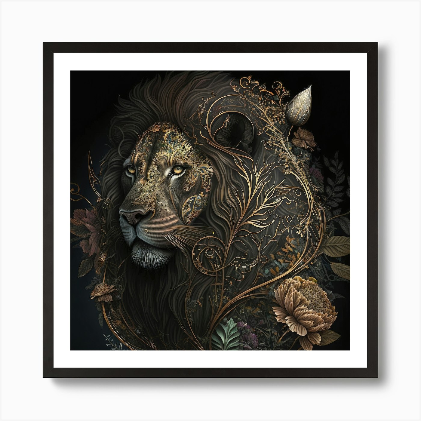 Golden Bloom Lion Art Print Framed Wall Art Poster Canvas Print Picture