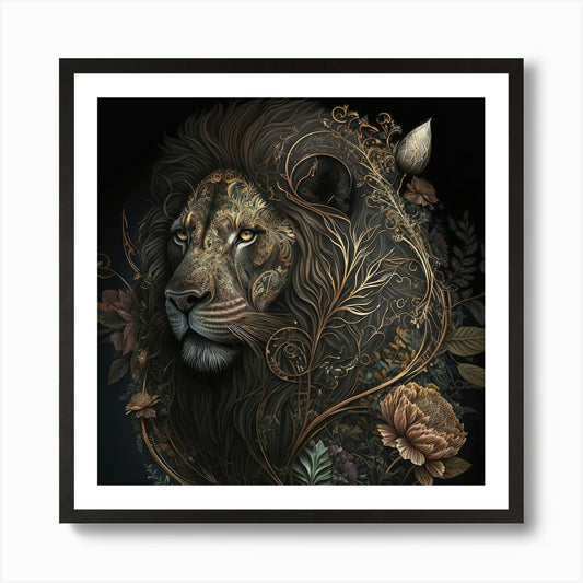 Golden Bloom Lion Art Print Framed Wall Art Poster Canvas Print Picture