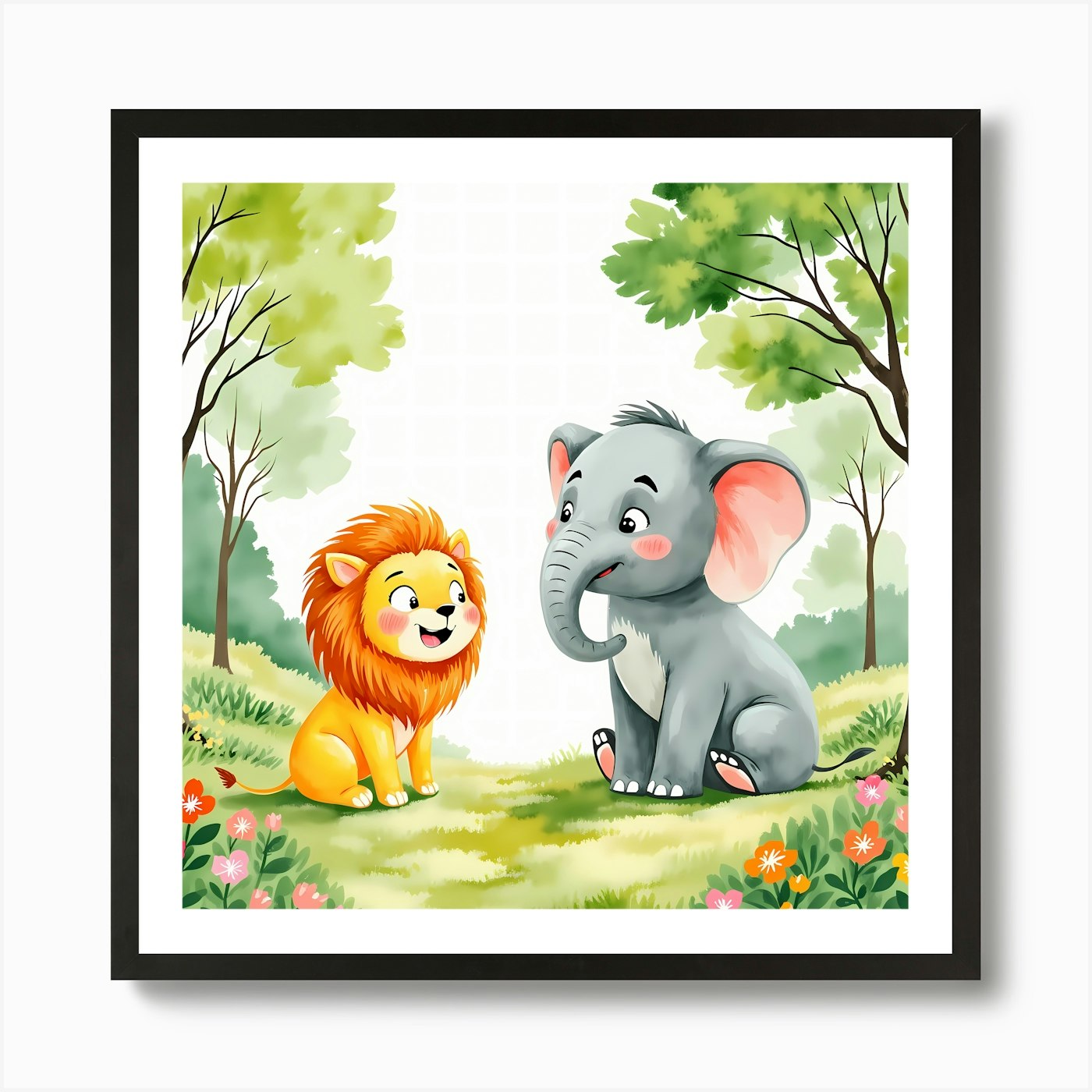Cartoon Lion And Elephant In The Fo Framed Wall Art Poster Canvas Print Picture