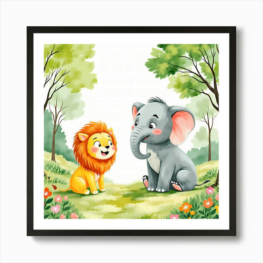 Cartoon Lion And Elephant In The Fo Framed Wall Art Poster Canvas Print Picture