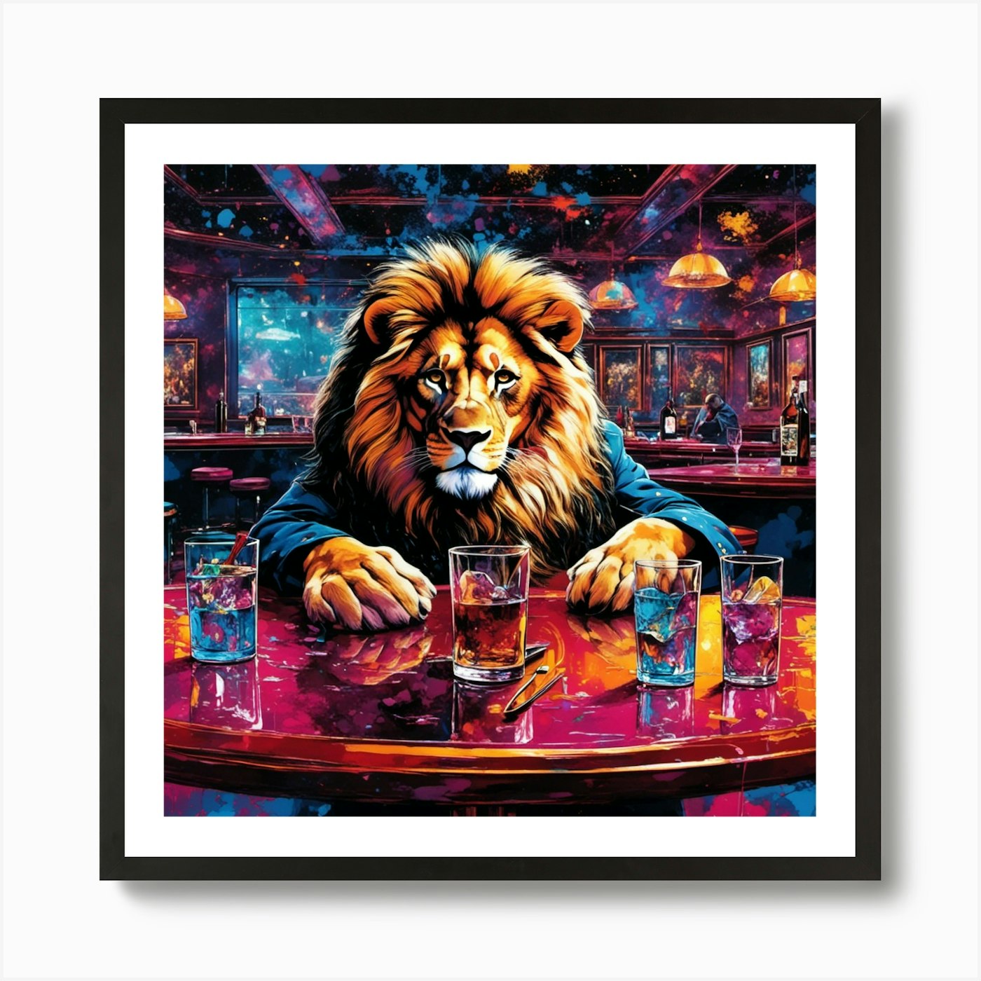 Lion At The Bar Art Print Framed Wall Art Poster Canvas Print Picture