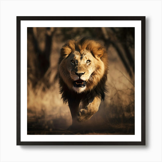 Angry Lion Charging Art Print Framed Wall Art Poster Canvas Print Picture