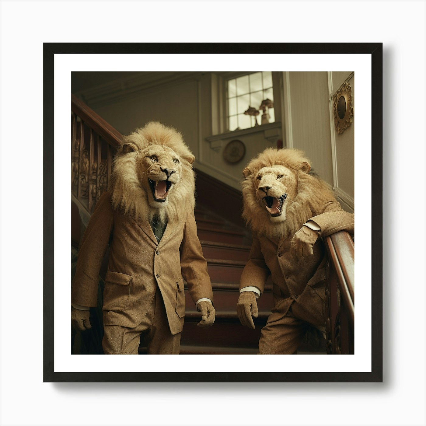 Two Lions On The Stairs - Friends - Framed Wall Art Poster Canvas Print Picture