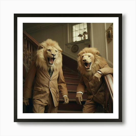 Two Lions On The Stairs - Friends - Framed Wall Art Poster Canvas Print Picture