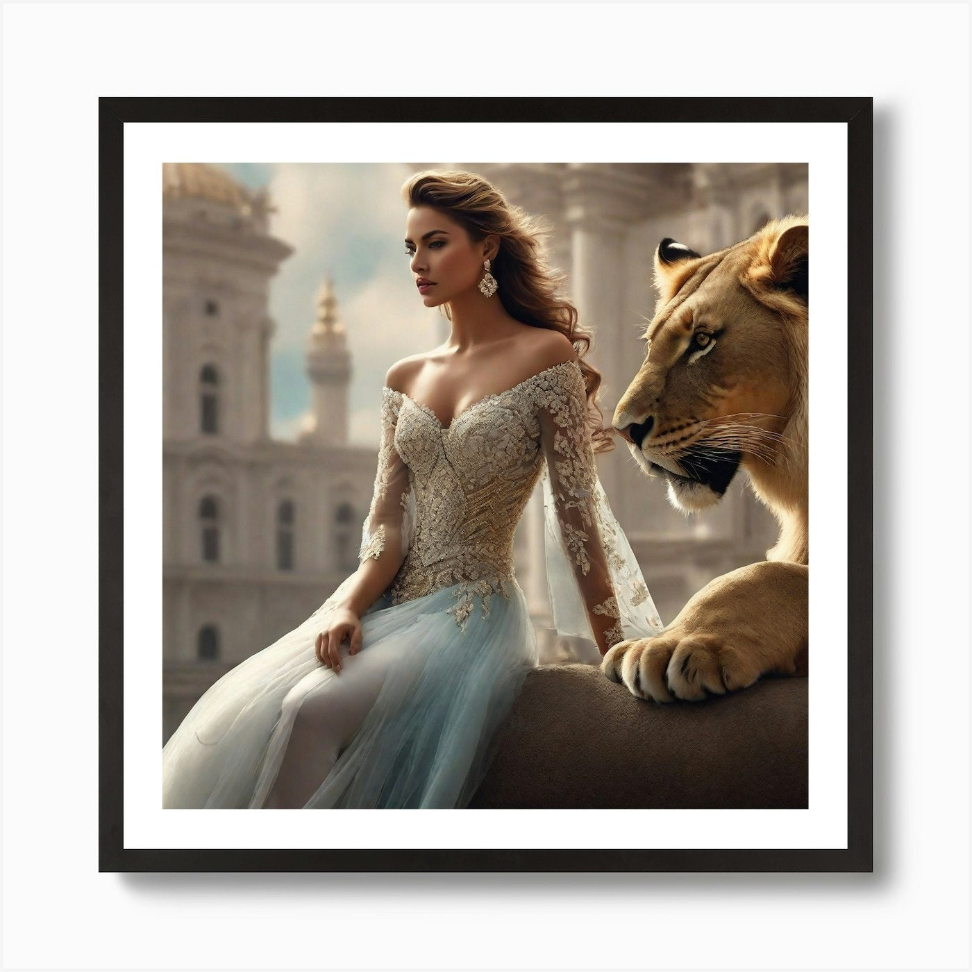 Lion And Woman Art Print Framed Wall Art Poster Canvas Print Picture