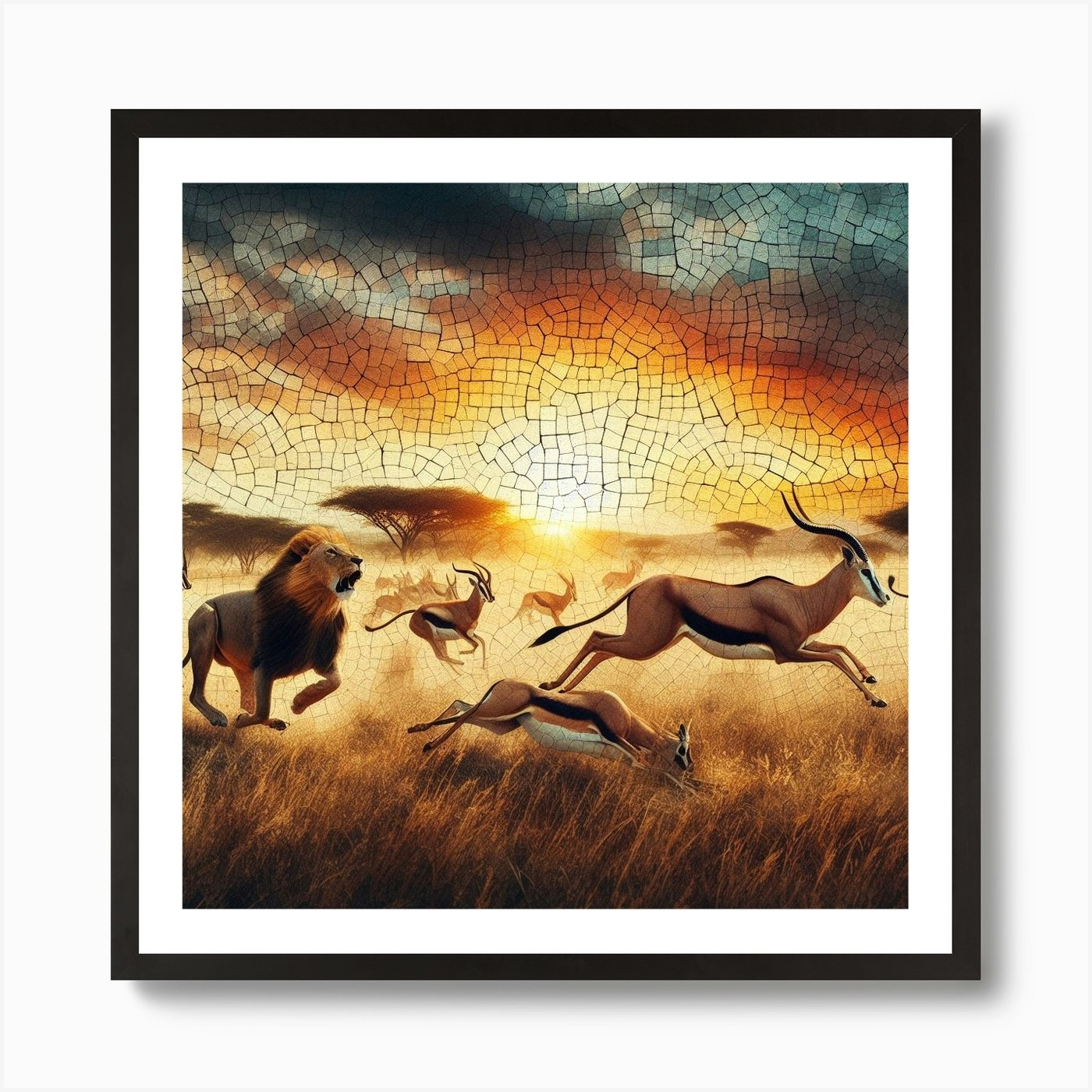 Lion Feeding Mosaic Art Print Framed Wall Art Poster Canvas Print Picture