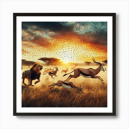 Lion Feeding Mosaic Art Print Framed Wall Art Poster Canvas Print Picture