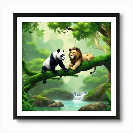 Panda And Lion 1 Art Print Framed Wall Art Poster Canvas Print Picture