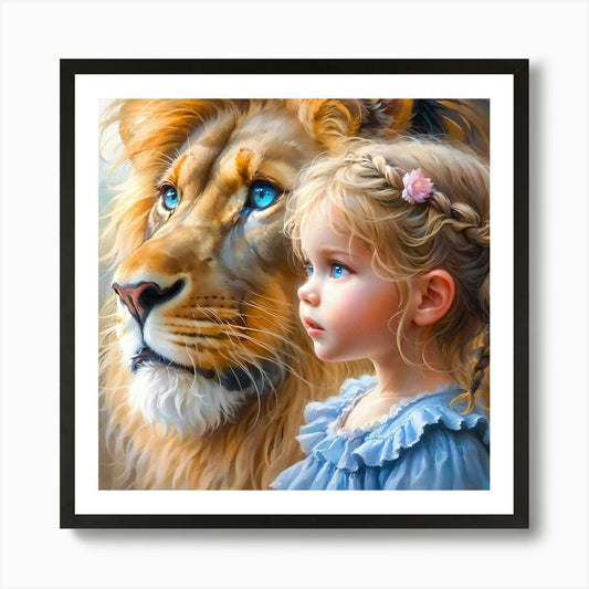 Little Girl With Lion Art Print Framed Wall Art Poster Canvas Print Picture