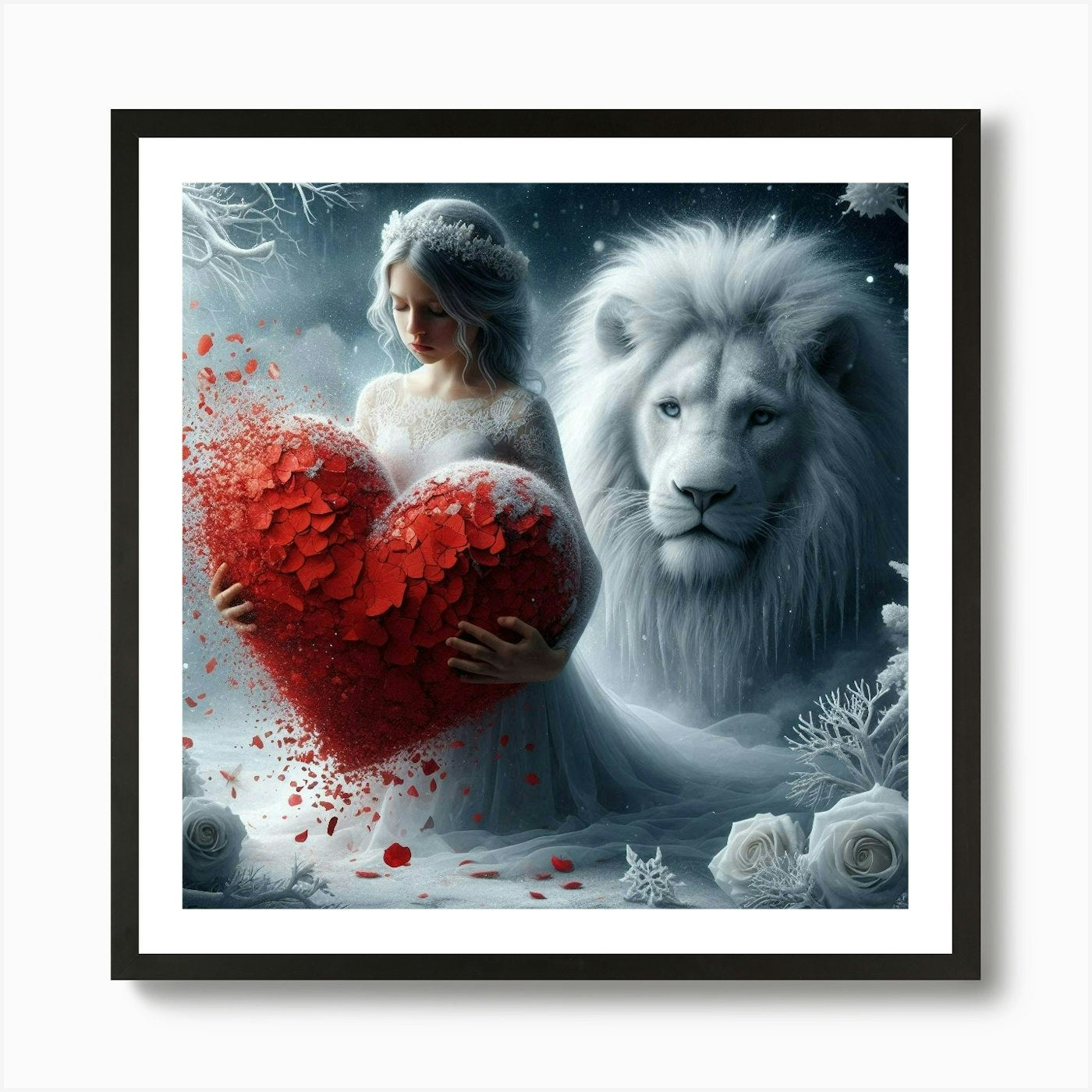 Lion And Woman Holding A Heart Art  Framed Wall Art Poster Canvas Print Picture