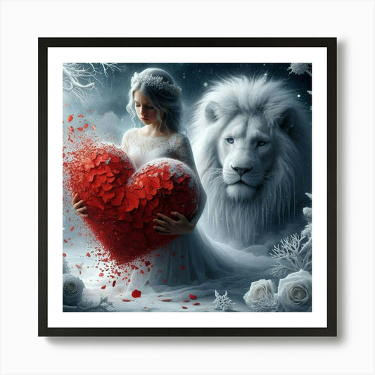 Lion And Woman Holding A Heart Art  Framed Wall Art Poster Canvas Print Picture