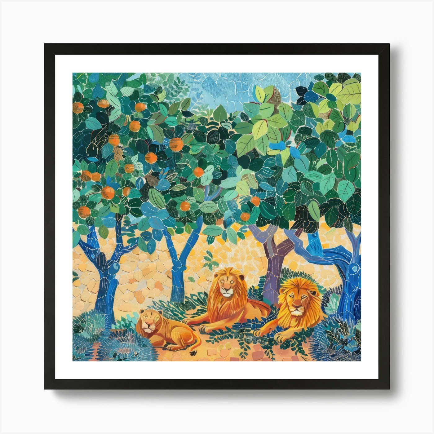 Lions Resting under Acacia Trees Se Framed Wall Art Poster Canvas Print Picture
