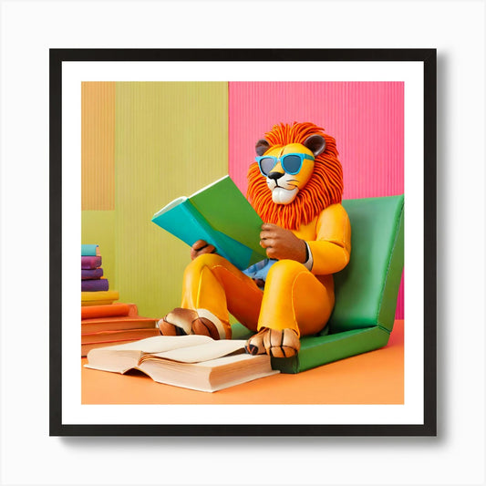 Retro Lion Reading A Book Art Print Framed Wall Art Poster Canvas Print Picture