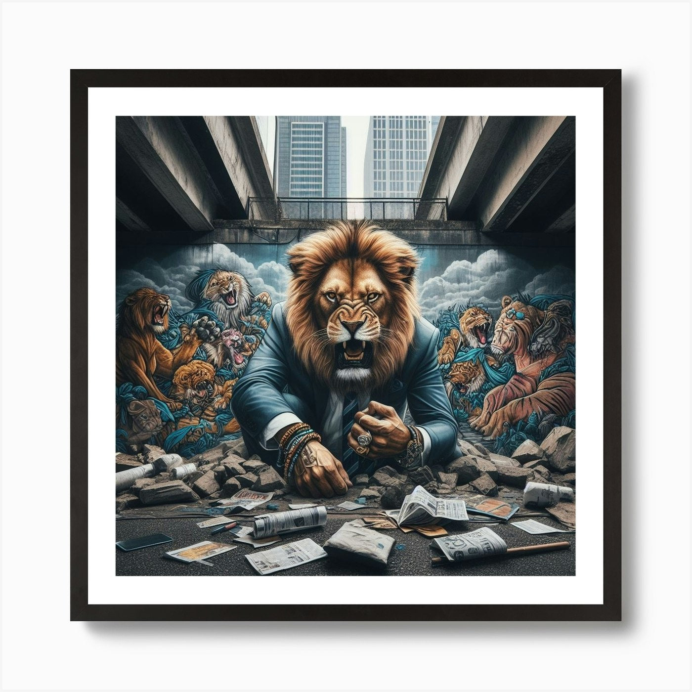 Hustle like a lion in the concrete  Framed Wall Art Poster Canvas Print Picture