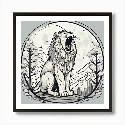 Sticker Art Design, Lion Howling To Framed Wall Art Poster Canvas Print Picture