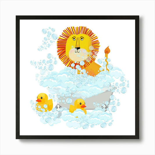 Lion enjoying bath and bubbles Art  Framed Wall Art Poster Canvas Print Picture