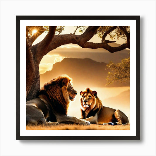 Two Lions Under A Tree Art Print Framed Wall Art Poster Canvas Print Picture