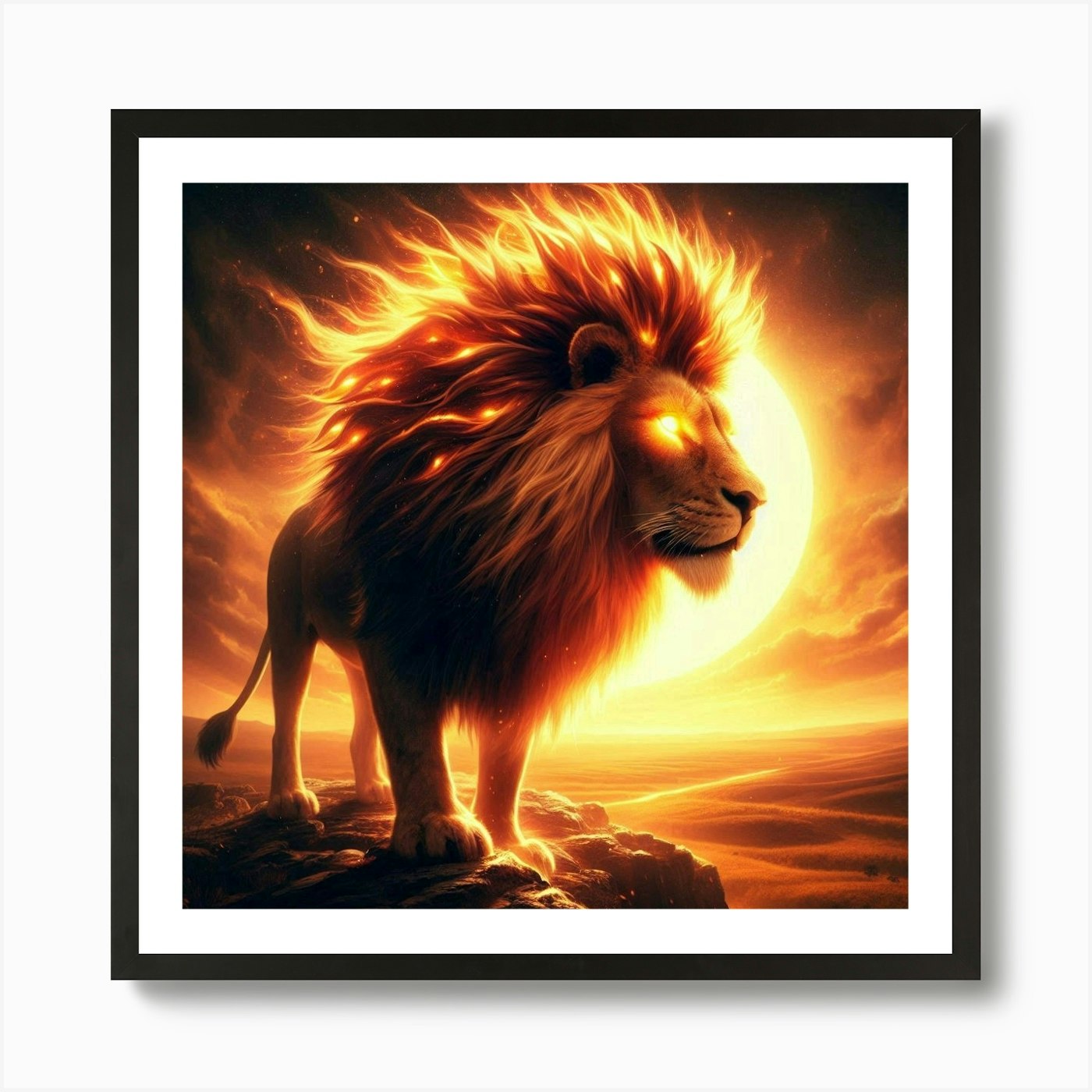 Lion On Fire Art Print Framed Wall Art Poster Canvas Print Picture