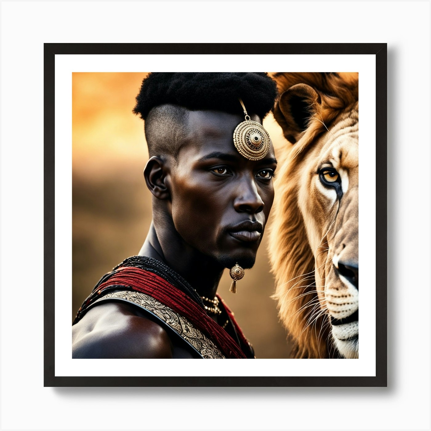 African Man And Lion Art Print Framed Wall Art Poster Canvas Print Picture