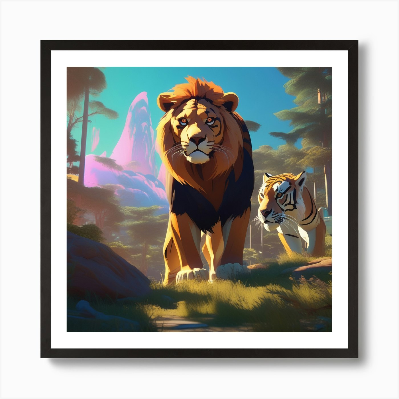 An Animated Scene Of Lions Tigers A Framed Wall Art Poster Canvas Print Picture