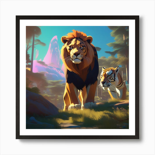 An Animated Scene Of Lions Tigers A Framed Wall Art Poster Canvas Print Picture