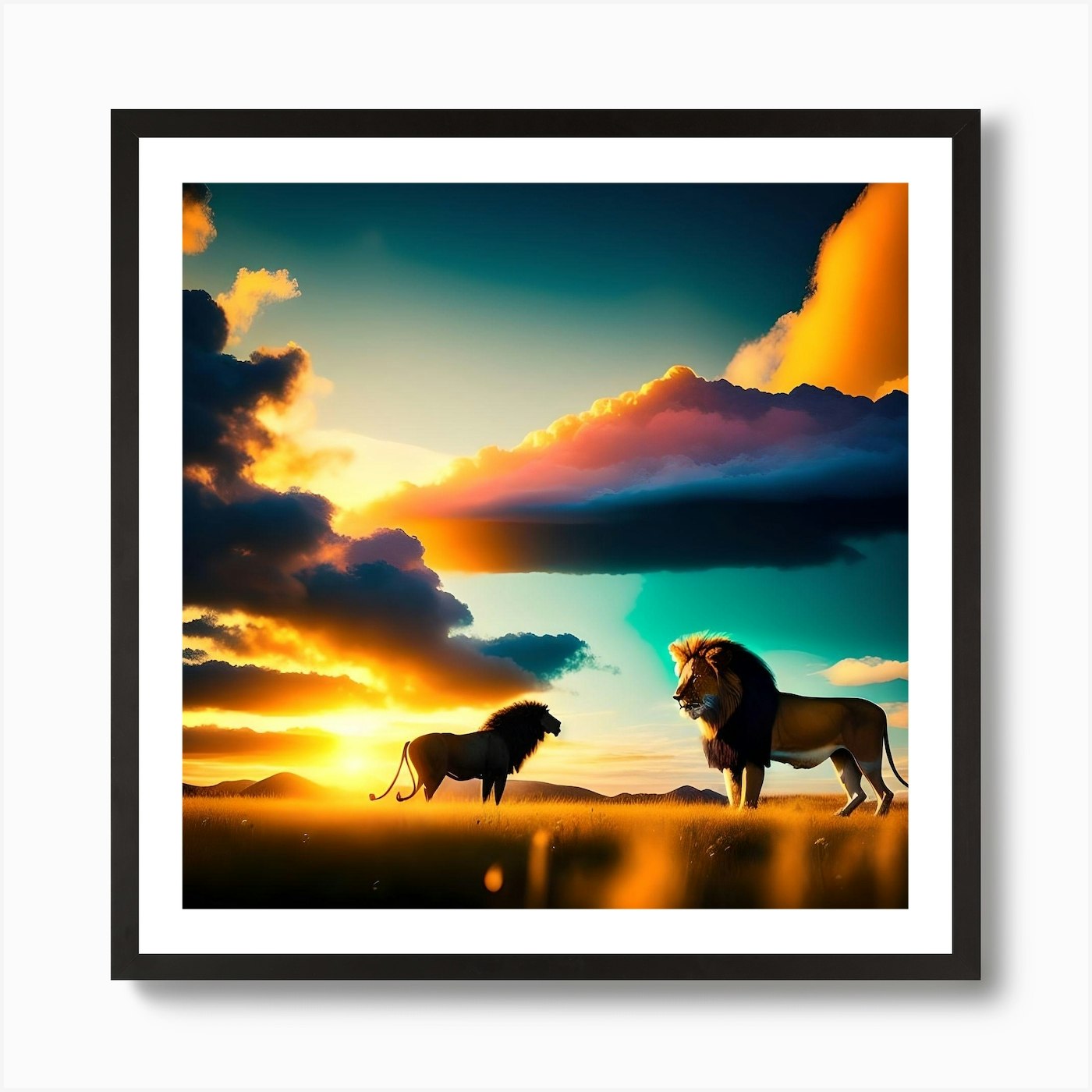 Lion And The Bison Art Print Framed Wall Art Poster Canvas Print Picture