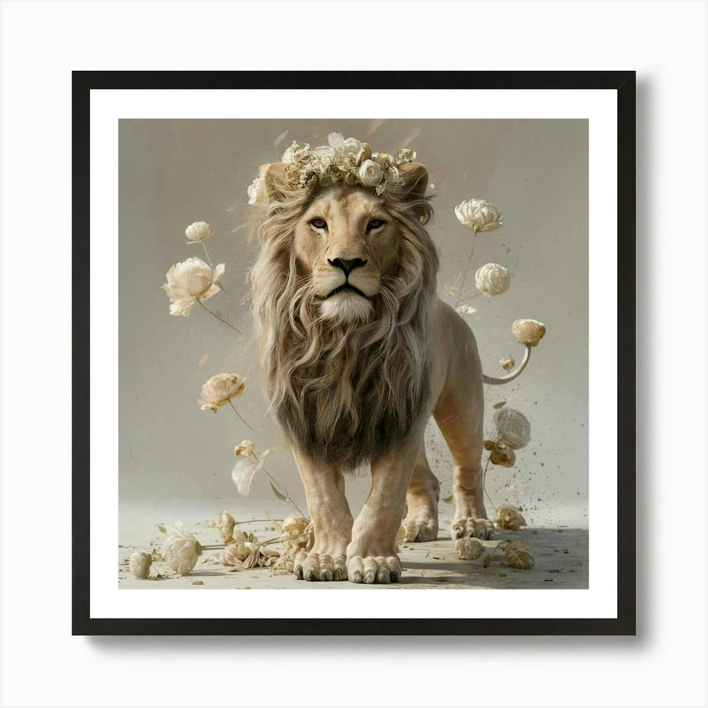Lion With Flowers 2 Art Print Framed Wall Art Poster Canvas Print Picture