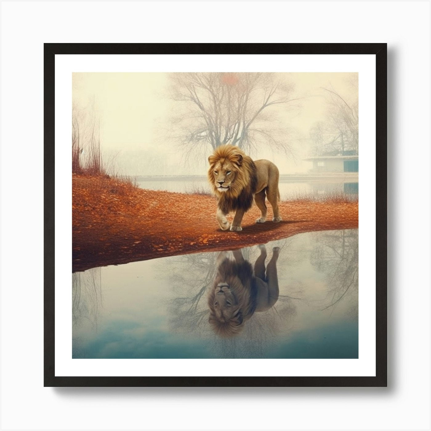 Armadiler Lion Walking Next To A La Framed Wall Art Poster Canvas Print Picture