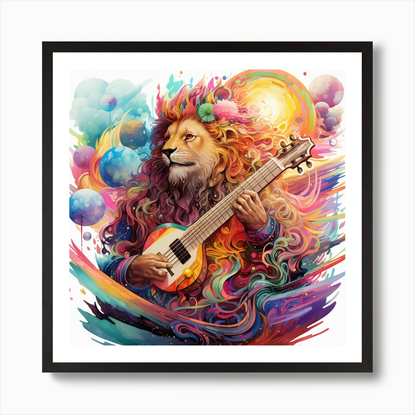Lion With Guitar Art Print Framed Wall Art Poster Canvas Print Picture