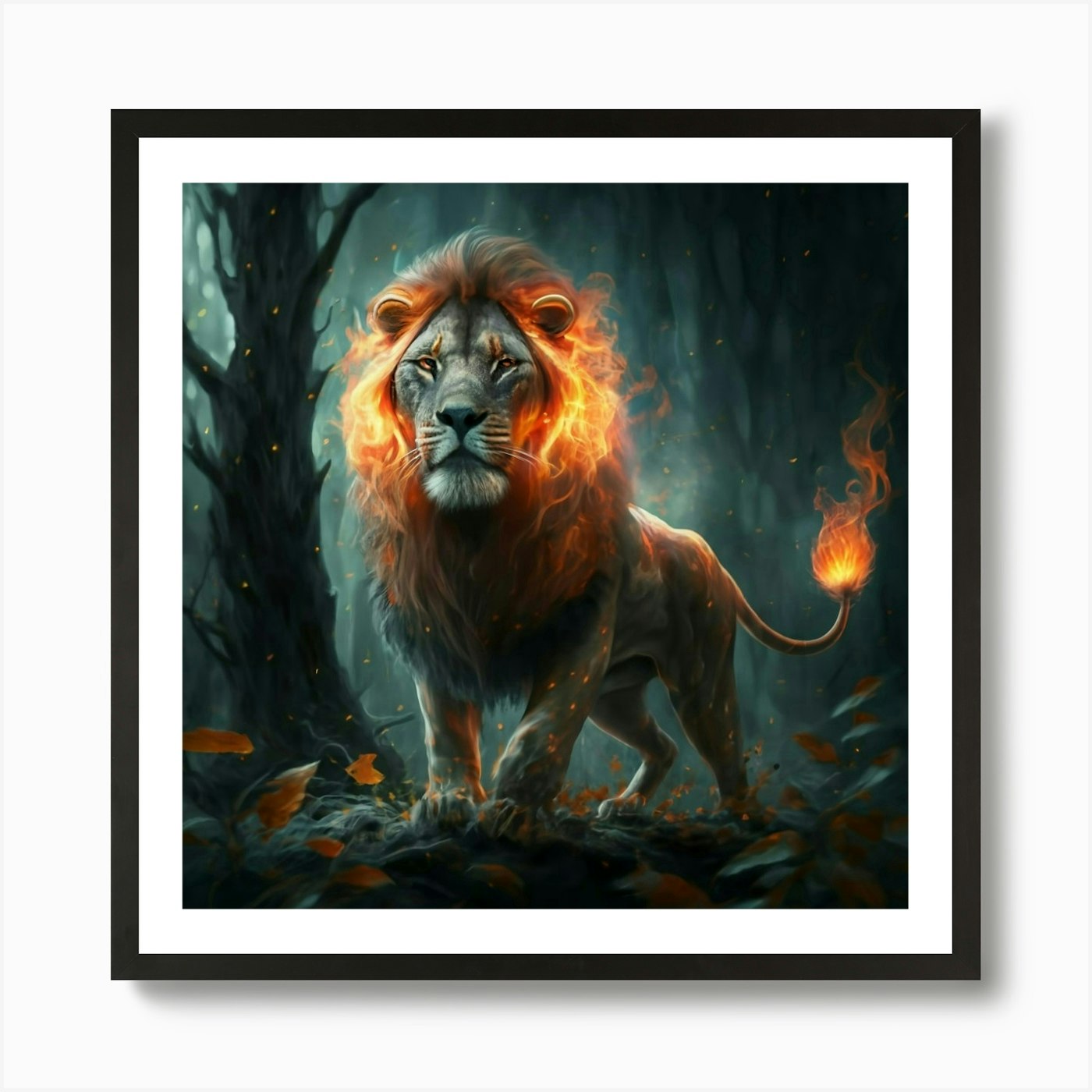Lion On Fire Art Print Framed Wall Art Poster Canvas Print Picture