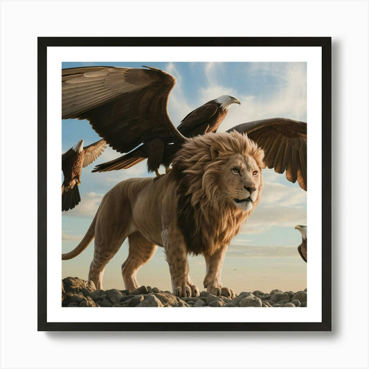 Majestic Lion with Eagle’s Wings: A Framed Wall Art Poster Canvas Print Picture
