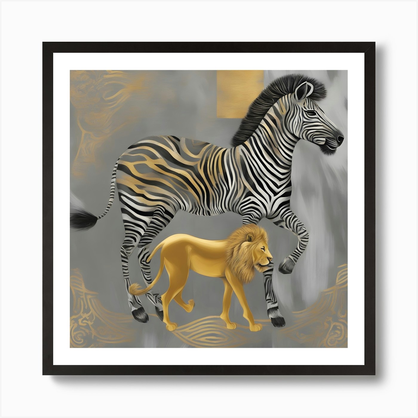 Zebra And Lion Art Print Framed Wall Art Poster Canvas Print Picture