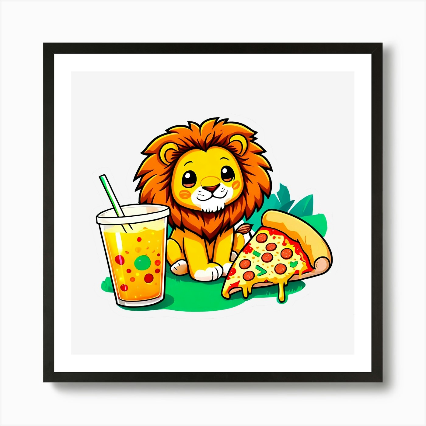 Lion And Pizza Art Print Framed Wall Art Poster Canvas Print Picture