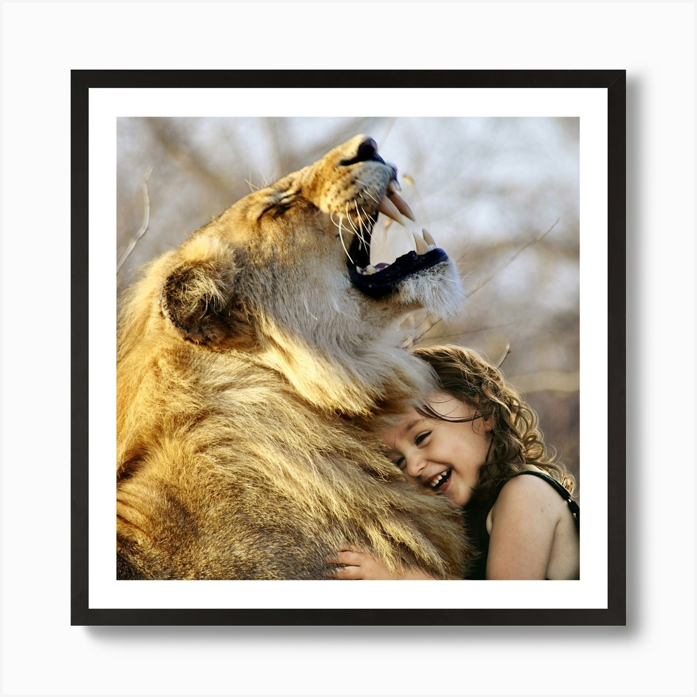 Little Girl Hugging A Lion Art Prin Framed Wall Art Poster Canvas Print Picture