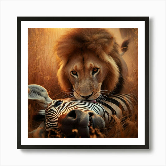 Lion And Zebra Art Print Framed Wall Art Poster Canvas Print Picture