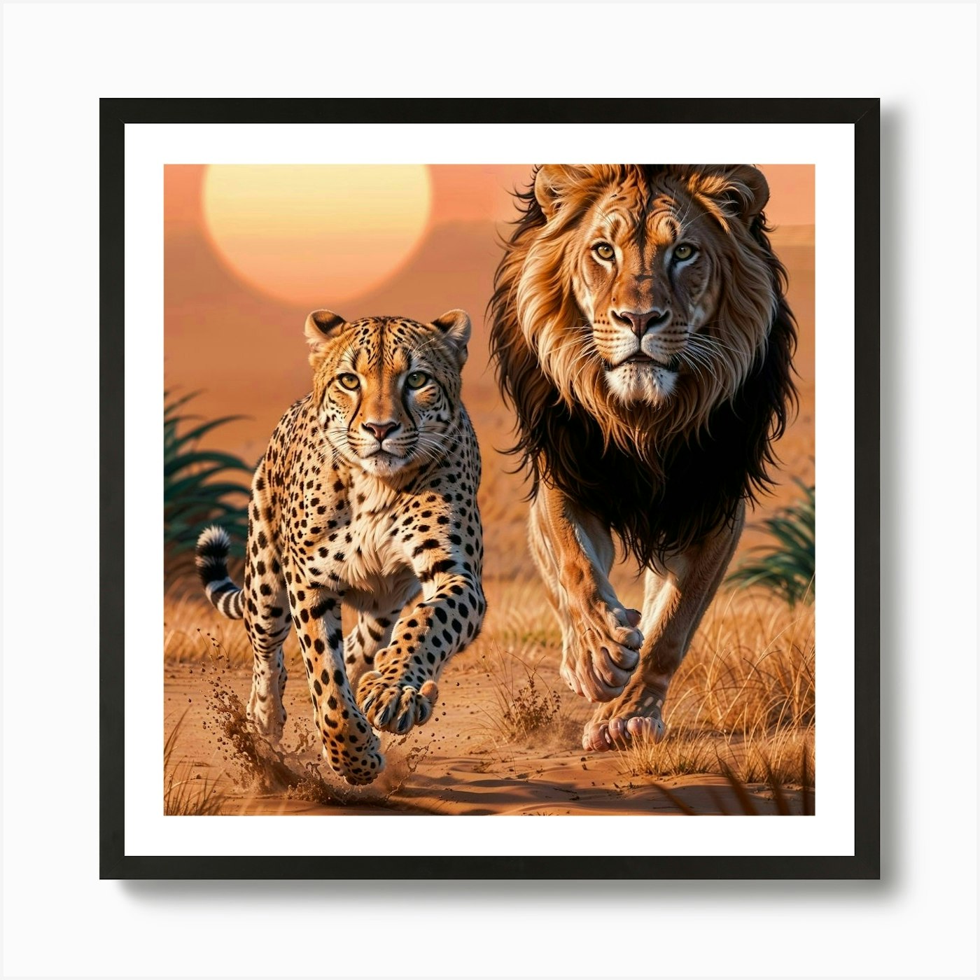 Lion And Cheetah Art Print Framed Wall Art Poster Canvas Print Picture