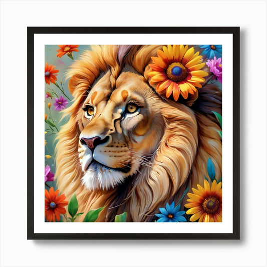 Floral Majesty: A Lion's Reverie Am Framed Wall Art Poster Canvas Print Picture