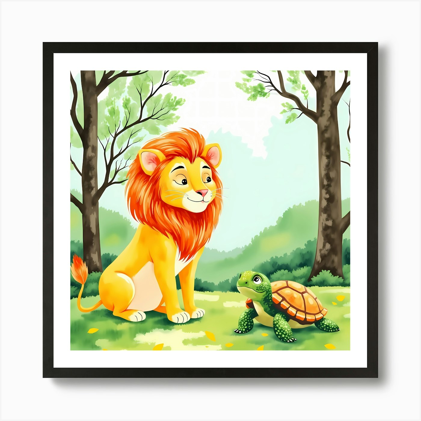 Lion And Turtle In The Forest 1 Art Framed Wall Art Poster Canvas Print Picture