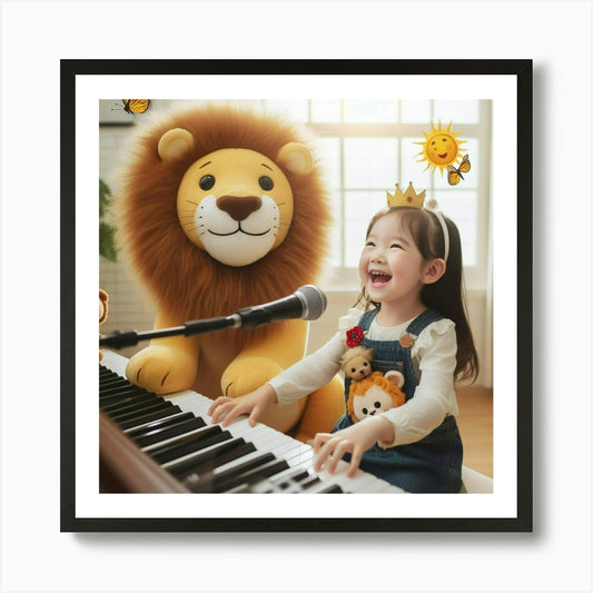 Little Girl Playing Piano With Lion Framed Wall Art Poster Canvas Print Picture