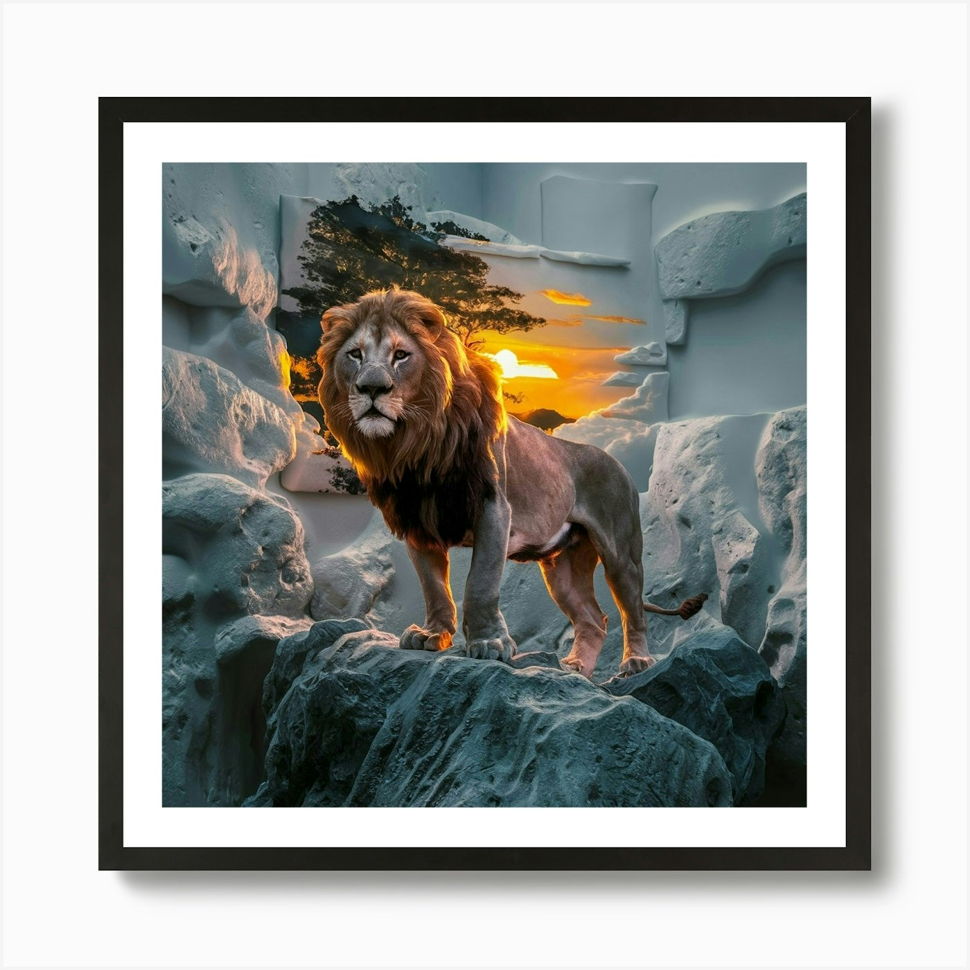 Lion In The Snow Art Print Framed Wall Art Poster Canvas Print Picture