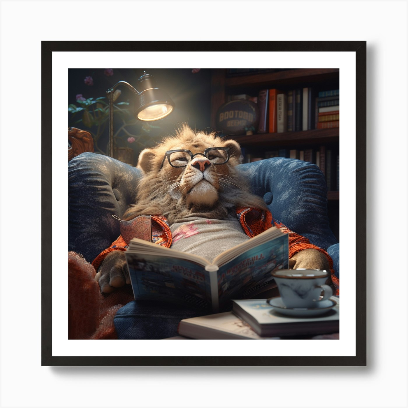 Lion Reading A Book Art Print Framed Wall Art Poster Canvas Print Picture
