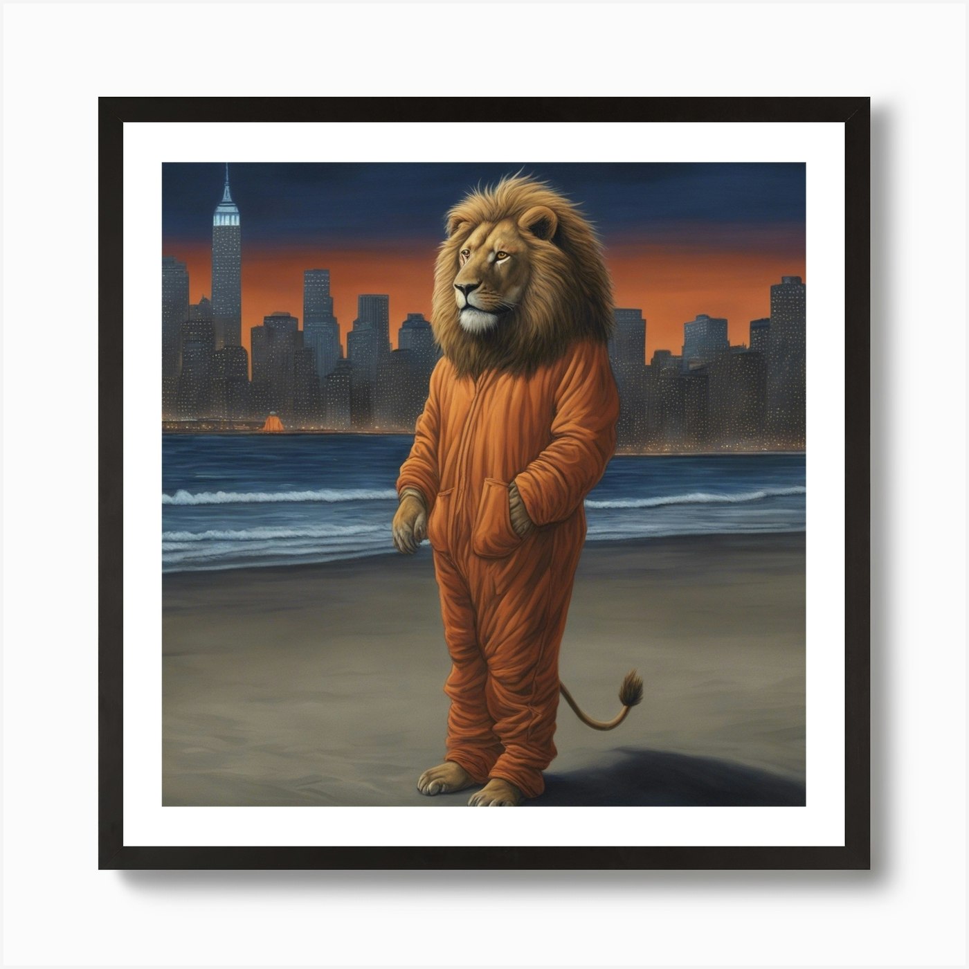 Lion In Beach Suit At Night, Downto Framed Wall Art Poster Canvas Print Picture