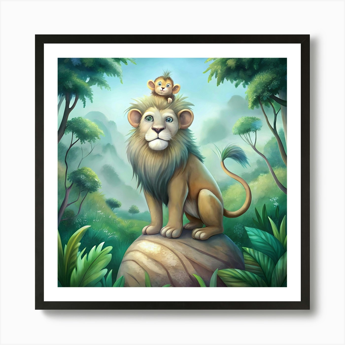 Lion And Monkey In The Jungle Art P Framed Wall Art Poster Canvas Print Picture
